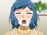  1girl after_fellatio apron aqua_eyes blue_eyes blue_hair blurry blurry_background blush cum cum_in_mouth gundam gundam_build_fighters half-closed_eyes heavy_breathing highres indoors iori_rinko looking_at_viewer milf open_mouth ring solo sweater tongue turtleneck turtleneck_sweater upper_body vermilion wedding_ring 