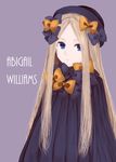  abigail_williams_(fate/grand_order) absurdres bangs black_bow black_dress black_hat blonde_hair blue_eyes bow character_name commentary_request dress fate/grand_order fate_(series) hair_bow hat highres long_hair looking_at_viewer orange_bow parted_bangs parted_lips polka_dot polka_dot_bow purple_background sidelocks simple_background solo very_long_hair zeroasann 