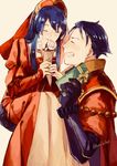 1girl blue_hair blush cape carrying closed_eyes dark_blue_hair dress father_and_daughter fire_emblem fire_emblem:_fuuin_no_tsurugi fire_emblem:_rekka_no_ken fire_emblem_heroes gift gloves hat hector_(fire_emblem) ho_kiho lilina long_hair short_hair simple_background smile 