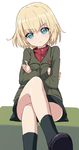  blonde_hair blue_eyes chikuwa_(majihima) closed_mouth commentary_request crossed_arms crossed_legs girls_und_panzer katyusha looking_at_viewer military military_uniform pravda_school_uniform short_hair simple_background sitting solo uniform white_background 
