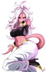 absurdres android_21 anklet artist_name ass breasts choker covering_face detached_sleeves dragon_ball dragon_ball_fighterz fingernails harem_pants high_heels highres jewelry large_breasts long_fingernails long_hair majin_android_21 nail_polish navel pants pink_skin pose red_eyes solo stomach tail transparent_background white_hair 