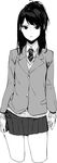  absurdres black_eyes black_hair cardigan commentary cowboy_shot cropped_legs expressionless greyscale highres idolmaster idolmaster_shiny_colors kazano_hiori long_hair looking_at_viewer menea mole mole_under_mouth monochrome pleated_skirt ponytail school_uniform simple_background sketch skirt solo white_background 