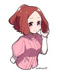  alternate_hairstyle blush brown_eyes brown_hair commentary_request do_m_kaeru okumura_haru persona persona_5 pink_sweater ribbed_sweater smile solo sweater twitter_username 