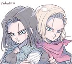  1girl alternate_hair_color android_17 android_18 black_hair blonde_hair character_name crossed_arms dragon_ball dragon_ball_z earrings jewelry looking_at_viewer neckerchief official_style siblings smile tkgsize twins upper_body vest 