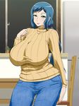 1girl aqua_eyes blue_eyes blue_hair blush breasts chair closed_mouth cowboy_shot gundam gundam_build_fighters highres huge_breasts indoors iori_rinko kitchen legs light_smile long_hair long_sleeves looking_at_viewer milf smile solo standing sweater table thigh_gap thighs turtleneck turtleneck_sweater vermilion 