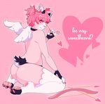  &lt;3 &lt;3_eyes 2018 anthro arrow bow_(weapon) canine clothed clothing corgi dog ear_piercing fur gloves_(marking) hair hi_res holidays horn kneeling looking_at_viewer mammal markings moiyablochki_(artist) piercing pink_fur ranged_weapon simple_background text topless underwear valentine&#039;s_day weapon white_fur wings 
