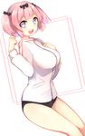  :d bangs black_bow black_buruma blue_eyes blush bow breasts buruma commentary eyebrows_visible_through_hair flower-shaped_pupils hair_bow hand_on_own_chest hands_up hibari_(senran_kagura) highres jacket large_breasts leafwow long_sleeves looking_at_viewer open_mouth pink_hair senran_kagura smile solo two_side_up white_jacket 