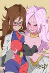  2girls ahoge android_21 arm_warmers asymmetrical_docking black_sclera blue_eyes blush breast_grab breast_press breasts brown_hair cleavage dragon_ball dragon_ball_fighterz dress glasses groping half-closed_eyes harem_pants heart highres jewelry labcoat large_breasts long_hair looking_at_viewer majin_android_21 midriff multiple_girls navel pink_skin red_eyes selfcest signature smile tail tubetop very_long_hair white_hair 