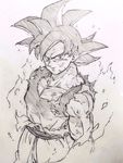  aura black_hair dirty dirty_clothes dirty_face dougi dragon_ball dragon_ball_super frown greyscale looking_at_viewer male_focus monochrome serious simple_background solo son_gokuu standing tkgsize ultra_instinct white_background 