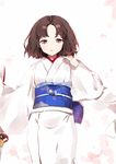  adjusting_hair bad_id bad_pixiv_id bangs bloom brown_eyes brown_hair cowboy_shot forehead han'eri highres holding holding_weapon japanese_clothes kara_no_kyoukai katana kimono long_sleeves looking_at_viewer obi obijime ongyageum pale_skin parted_bangs parted_lips ryougi_shiki sash short_hair solo standing sword weapon white_kimono wide_sleeves 