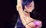  armpits arms_up bad_id bad_pixiv_id bare_shoulders bikini black_background breasts commentary covered_nipples eyepatch_bikini fate/grand_order fate_(series) from_side highres ichinosenen large_breasts lips long_hair looking_at_viewer minamoto_no_raikou_(fate/grand_order) minamoto_no_raikou_(swimsuit_lancer)_(fate) parted_lips purple_bikini purple_eyes purple_hair simple_background solo steam swimsuit tsurime upper_body very_long_hair wet 