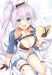  :d ahoge azur_lane bed_sheet black_gloves blue_eyes book breasts cleavage collarbone commentary_request gloves highres holding large_breasts lavender_hair long_hair looking_at_viewer navel open_mouth portland_(azur_lane) remodel_(azur_lane) short_shorts shorts side_ponytail sitting smile solo star star_print thighhighs tomoo_(tomo) wariza white_legwear 