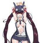  animal_ears armpits arms_behind_head arms_up ass_visible_through_thighs bangs black_hat black_skirt black_vest blunt_bangs blush breasts bunny_ears cleavage collared_shirt commission contrapposto cosplay cowboy_shot embarrassed fake_animal_ears frown girls_frontline hat hat_ribbon long_hair looking_away looking_to_the_side medium_breasts miniskirt navel no_bra nose_blush open_clothes open_mouth open_shirt open_vest pleated_skirt purple_hair red_eyes red_ribbon ribbon romana round_teeth shirt sidelocks simple_background skirt sleeveless sleeveless_shirt solo sr-3mp_(girls_frontline) sr-3mp_(girls_frontline)_(cosplay) standing teeth twintails unbuttoned very_long_hair vest wa2000_(girls_frontline) white_background white_shirt wing_collar 