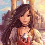  brown_eyes brown_hair building choker collarbone commentary day final_fantasy final_fantasy_ix garnet_til_alexandros_xvii gloves jewelry lips long_hair looking_at_viewer outdoors pendant smile solo stephanie_sybydlo upper_body wind 