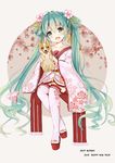  2018 absurdres chinese_clothes chinese_zodiac dog fang flower green_eyes green_hair hair_flower hair_ornament happy_new_year hatsune_miku head_tilt highres holding_dog long_hair new_year open_mouth sitting solo thighhighs thirdo twintails very_long_hair vocaloid year_of_the_dog 