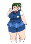  10s 1girl bangs bow breasts brown_eyes fat glasses green_hair hair_ornament huge_breasts layered_clothing looking_at_viewer nikuko_(galko) open_mouth oshiete!_galko-chan over-rim_glasses plaid plaid_skirt pleated_skirt plump school_uniform semi-rimless_glasses short_sleeves short_twintails skirt smile solo standing sweater_vest thick_thighs twintails white_background 