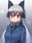  animal_ears black_bow black_hair black_neckwear blush bow bowtie breasts brown_eyes closed_mouth commentary eyebrows_visible_through_hair eyelashes fox_ears grey_hair hair_between_eyes highres jacket kemono_friends lips long_hair looking_at_viewer medium_breasts multicolored_hair silver_fox_(kemono_friends) solo upper_body watayoshi_(suiiho) 