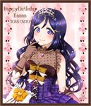  bangs bare_shoulders body_blush border bow bracelet breasts brown_border brown_gloves character_name cleavage closed_mouth copyright_name dress elbow_gloves eyebrows_visible_through_hair finger_to_mouth frills gem gloves hair_ornament hairclip happy_birthday heart jewelry lips long_hair looking_at_viewer love_live! love_live!_sunshine!! matsuura_kanan medium_breasts necklace parted_bangs pearl_bracelet pearl_necklace pendant plaid plaid_dress polka_dot purple_eyes purple_hair purple_legwear ribbon ric_(fwpbox) rose_background see-through shiny shiny_hair signature smile solo sparkle star star_hair_ornament tareme twitter_username upper_body vertical-striped_gloves very_long_hair wavy_hair white_bow yellow_ribbon 
