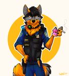  2017 4_fingers anthro antrage badge belt black_claws black_fur black_hair black_nose bulletproof_vest canine carrot carrot_pen cigarette claws clothed clothing collar disney doughnut eyewear fangs fluffy fluffy_tail folf food fox fully_clothed fur glasses grey_fur grey_pawpads guardian_angel_(lightbar) gun hair halfbody hand_on_hip handgun hi_res holding_object holster holstered_pistol hybrid inner_ear_fluff kazuto_nightwolf_(wolfgang151) lieutenant light lightbar looking_at_viewer lt._knight mammal mic nameplate neck_tuft orange_fur patch_(disambiguation) pawpads pistol police police_badge police_uniform radio ranged_weapon signature simple_background tame_collar_(zootopia) tuft uniform vegetable vest walkie_talkie weapon wolf yellow_eyes zootopia zpd 