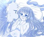  :d bangs bestiality blue blunt_bangs breasts cleavage covering covering_breasts hair_down hedgehog highres large_breasts long_hair lying missionary monochrome monster new_game! on_back open_mouth pillow smile soujirou_(new_game!) sweat takimoto_hifumi tears very_long_hair viperxtr 
