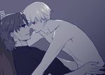  fate/stay_night fate_(series) from_side gilgamesh kettle21 kotomine_kirei looking_at_another monochrome multiple_boys red_eyes shirt shirtless short_hair short_sleeves smile spot_color t-shirt upper_body wall_slam yaoi 