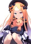  abigail_williams_(fate/grand_order) blonde_hair bow dress fate/grand_order fate_(series) goma0616 green_eyes hair_bow hat heterochromia highres long_sleeves looking_at_viewer polka_dot polka_dot_bow red_eyes simple_background sitting solo stuffed_animal stuffed_toy teddy_bear underwear white_background 