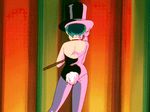  1girl bangs bare_shoulders bowtie breasts bunny_tail bunnysuit cowboy_shot dancing detached_collar green_hair hair_up happy leotard long_hair looking_at_viewer lum medium_breasts no_bra oni_horns outstretched_arm smile solo strapless_leotard top_hat urusei_yatsura walking_stick wrist_cuffs 