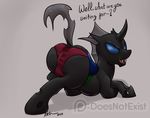  2018 black_skin blue_eyes bulge butt changeling clothing digital_media_(artwork) evening_breeze fan_character fangs feral hi_res horn looking_back male my_little_pony panties presenting presenting_hindquarters rear_view scar simple_background solo text theandymac tight_clothing underwear 