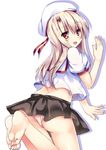  1girl :d ass barefoot blush eyebrows_visible_through_hair fate/kaleid_liner_prisma_illya fate_(series) feet hat illyasviel_von_einzbern light_brown_hair looking_at_viewer looking_back midriff panties pantyshot puffy_short_sleeves red_eyes ryokushiki_(midori-ya) shadow shirt short_sleeves skirt soles toes underwear white_hat white_panties white_shirt 