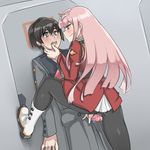  1girl aqua_eyes assertive bangs black_hair black_legwear blush boots clothed_sex darling_in_the_franxx face_grab hair_between_eyes handjob hetero hiro_(darling_in_the_franxx) horns long_hair maji-pan military military_uniform open_mouth pantyhose penis pink_hair smile uniform wall_slam zero_two_(darling_in_the_franxx) 