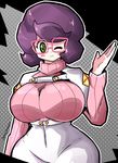  1girl artist_name blush blush_stickers breasts covered_navel female glasses green_eyes grey_background hand_up highres huge_breasts long_sleeves one_eye_closed outline pink-framed_eyewear pink_sweater pokemon pokemon_sm purple_hair ribbed_sweater short_hair signature simple_background smile solo standing sweater text turtleneck turtleneck_sweater wicke_(pokemon) wide_hips wink 