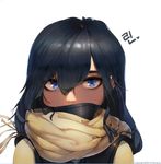  2015 artist_name bangs black_hair blue_eyes commission covered_mouth face_mask hair_between_eyes heart long_hair looking_at_viewer mask original romana scarf solo translation_request upper_body yellow_scarf 