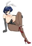  1girl bare_shoulders black_gloves blue_hair breasts brown_eyes bunny bunny_costume bunny_ears bunnysuit cleavage curvy heels high_heels hips huge_breasts large_ass legs long_gloves ranma_1/2 red_heels simple_background sitting solo tendou_akane thick_thighs thighs toshiso_(artist) white_background 