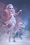  2017 3d_(artwork) ambiguous_gender blue_eyes blue_feathers blue_hair blue_markings blue_scales boots breasts breath carlos_ortega claws clothed clothing detailed_background digital_media_(artwork) dinosaur dress duo ear_piercing feathers female footwear forest fully_clothed gradient_hair hair hair_ribbon happy human jacket jewelry legwear looking_back mammal markings mist nature necklace one_leg_up outside piercing pink_eyes playing raised_arm ribbons scales scarf sharp_teeth smile snow standing sunrise sweater teeth thigh_highs toe_claws tree walking winter 
