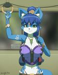  anthro backpack bare_shoulders black_nose blue_fur blue_hair breasts canine cleavage clothed clothing colored english_text female fox fur green_eyes hair hairband hi_res jewelry krystal long_hair looking_at_viewer mammal markings navel necklace nintendo oughta ponytail signature smile solo space star_fox text video_games white_fur 