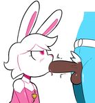  2018 angry anthro balls blush breasts brown_skin clothed clothed_sex clothing digital_media_(artwork) duo faceless_male fellatio female female_focus frown fur hair lagomorph looking_up male male/female mammal miscon oral penis pink_eyes pinku_(miscon) rabbit sex short_hair small_breasts white_fur white_hair 