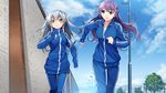  2girls aqua_eyes braids clouds front_wing fukami_reina game_cg gray_hair grisaia:_phantom_trigger long_hair orange_eyes purple_hair shishigaya_touka sky tree twintails watanabe_akio 