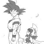  1girl :o armor bikini bikini_armor black_eyes black_hair cape chi-chi_(dragon_ball) clenched_hand dougi dragon_ball dragon_ball_(classic) dragon_ball_z expressionless eyebrows_visible_through_hair facing_away feathers gloves greyscale helmet long_hair looking_at_another looking_back monochrome open_mouth profile short_hair simple_background son_gokuu spiked_hair swimsuit time_paradox tkgsize white_background wristband younger 