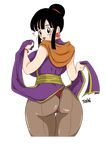  1girl ass bare_arms black_background black_eyes black_hair breasts butt_crack chi-chi_(dragon_ball) curvy dragon_ball earring heart hips looking_at_viewer looking_back thick_thighs thighs tied_hair tongue_out toshiso_(artist) wide_hips 