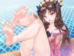  :d bangs banned_artist barefoot blush brown_hair day earrings eyebrows_visible_through_hair fate/grand_order fate_(series) feet fur_trim hand_on_own_knee hood hoodie hoop_earrings ishtar_(swimsuit_rider)_(fate) jewelry kissai legs long_hair looking_at_viewer one-piece_swimsuit open_mouth outdoors parted_bangs poolside red_eyes sitting smile soles solo swimsuit teeth thighs toes tsurime two_side_up wavy_hair wet white_swimsuit 