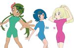  3girls blonde_hair blue_eyes blue_hair djmn_c green_eyes green_hair lillie_(pokemon) mao_(pokemon) multiple_girls pokemon pokemon_sm pokemon_sm_(anime) ponytail spandex suiren_(pokemon) ultra_guardians 
