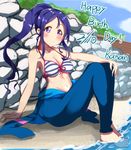  beach bikini birthday blue_hair blush long_hair love_live!_sunshine!! matsuura_kanan ponytail sky smile violet_eyes 