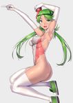  armpits ass commentary_request dark_skin elbow_gloves feet_out_of_frame gloves green_eyes green_hair grey_background highleg highleg_leotard holding holding_poke_ball leotard looking_at_viewer low_twintails mao_(pokemon) nagase_haruhito poke_ball poke_ball_(generic) pokemon pokemon_(game) pokemon_sm simple_background solo thighhighs thong_leotard twintails white_gloves white_legwear white_leotard 