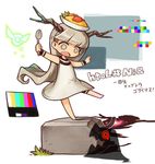  barefoot chibi color_guide commentary_request dress food grey_hair horns hotaru_(htol#niq) htol#niq:_hotaru_no_nikki kagehotaru_(htol#niq) katabami38 long_hair mion_(htol#niq) o_o object_on_head omurice open_mouth red_eyes shadow solid_circle_eyes spoon standing standing_on_one_leg very_long_hair white_background white_dress 