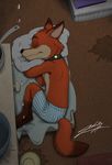  2018 anthro armpit_hair canine clothed clothing disney dripping eyes_closed fox hi_res lying mammal nick_wilde on_side puddle sagadreams shock_collar sleeping solo topless underwear zootopia 