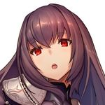  bangs brown_hair commentary_request eyebrows_visible_through_hair fate/grand_order fate_(series) hair_between_eyes keemu_(occhoko-cho) long_hair looking_at_viewer lowres open_mouth pauldrons red_eyes scathach_(fate)_(all) scathach_(fate/grand_order) solo white_background 