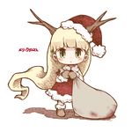  :&lt; artist_name bad_id bad_pixiv_id bag bangs blonde_hair blunt_bangs blush boots chibi commentary_request dress full_body fur-trimmed_boots fur-trimmed_dress fur_trim green_eyes hat highres horns htol#niq:_hotaru_no_nikki long_hair looking_at_viewer merry_christmas mion_(htol#niq) mittens red_dress santa_costume santa_hat simple_background solo standing very_long_hair white_background yoshyun 