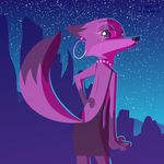  2017 ambiguous_gender anthro canine clothed clothing crossdressing dipstick_ears dipstick_tail disney dress ear_piercing fanartiguess fox gloves_(marking) hand_on_hip lens_flare looking_back mammal markings multicolored_tail nick_wilde night outside piercing rear_view restricted_palette signature sky solo standing star starry_sky url zootopia 