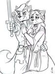  anthro canine clothing disney female fox hand_on_chest heresy_(artist) maid_marian male mammal melee_weapon robin_hood robin_hood_(disney) sketch smile sword weapon 