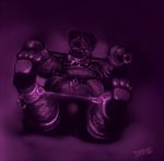  2016 4_toes abstract_background anthro bdsm bear bit_gag black_nose blindfold bondage bound collar digital_drawing_(artwork) digital_media_(artwork) gag gagged harness hindpaw male mammal pawpads paws rubber shiny simple_background solo spread_legs spreader_bar spreading text toes turbinedivinity westhoff 